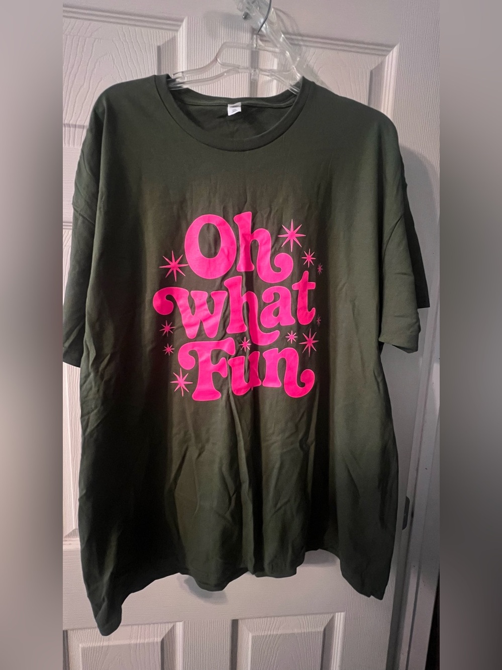 Fruit of the Loom Olive Green Tee with Hot Pink "Oh What Fun" Graphic